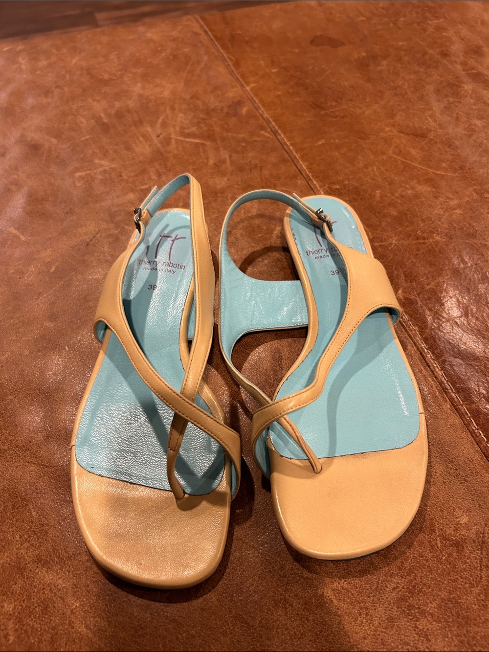 Thierry Rabotin Tan Leather Slingback Sandals with Aqua Insole